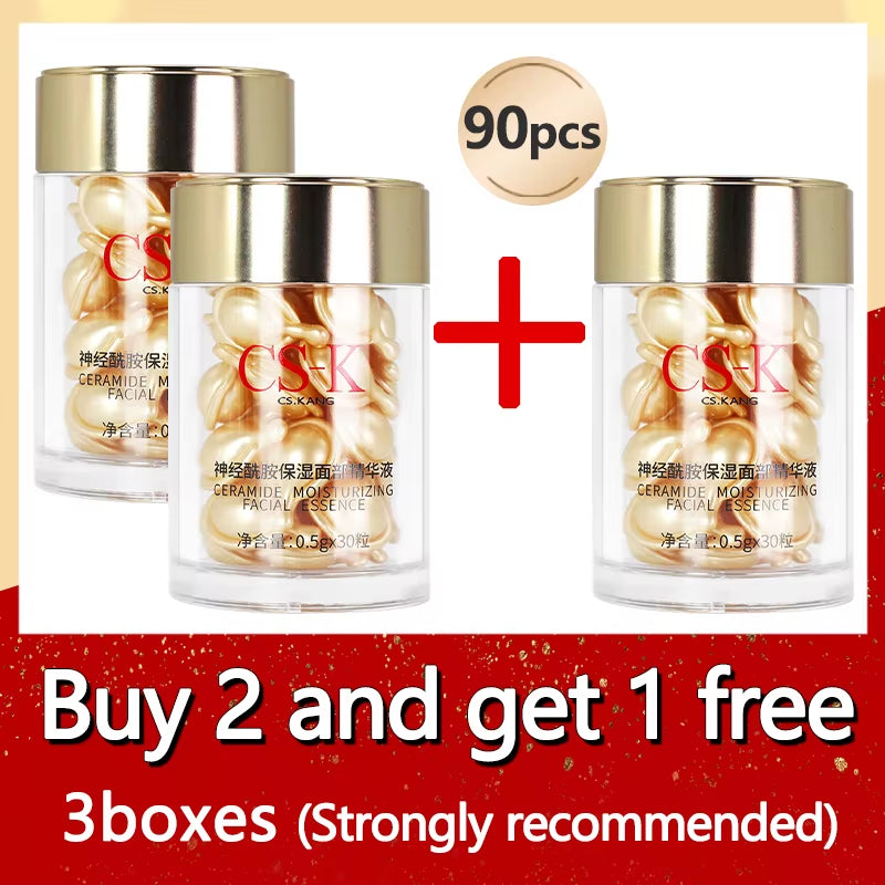 Ceramide Face Capsule Serum in clear jars with gold lids, containing golden serum capsules; 90-piece buy-two-get-one set