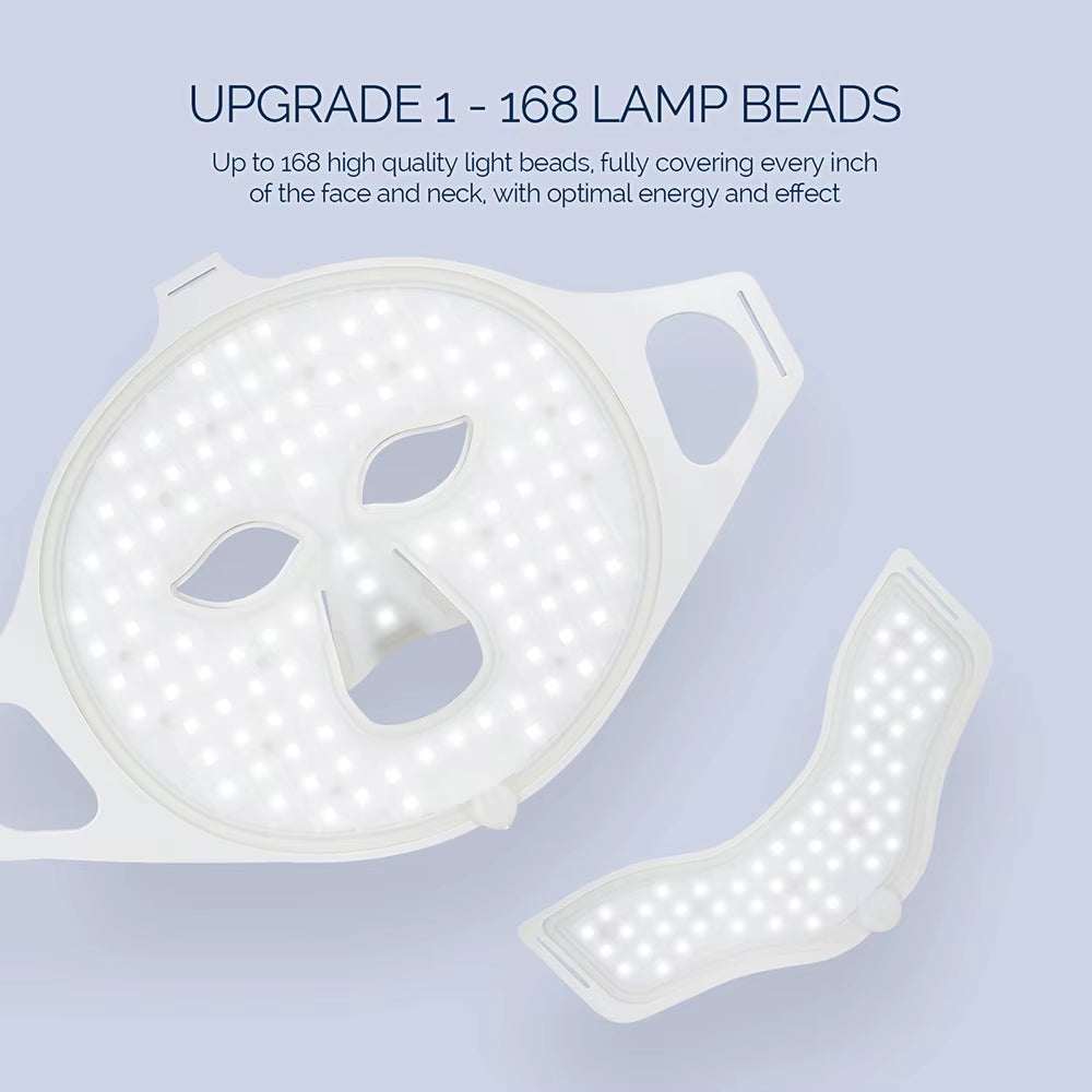 Silicone LED Facial Mask with white flexible face and neck pieces, featuring a dense array of LED light beads