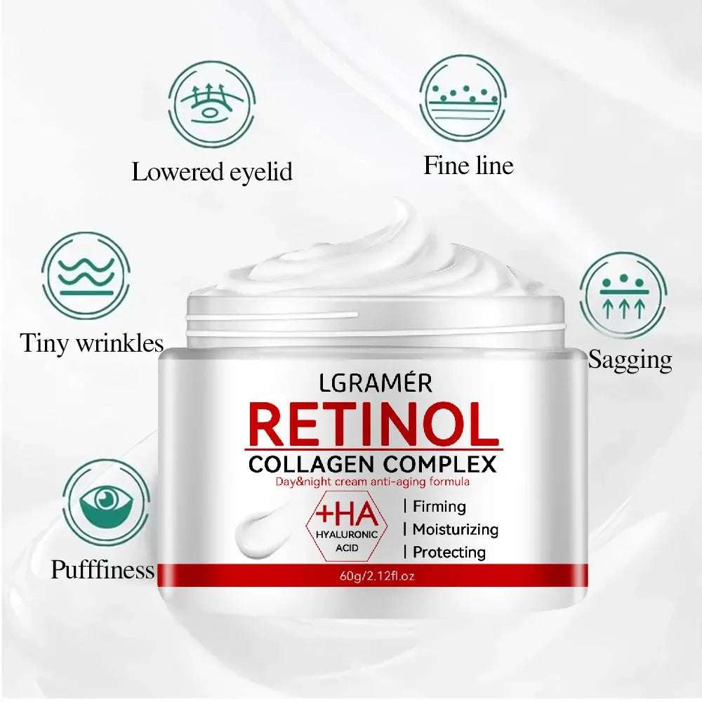 Retinol Lifting Firming Cream in a white jar with red label, collagen complex and moisturizing cream formula.