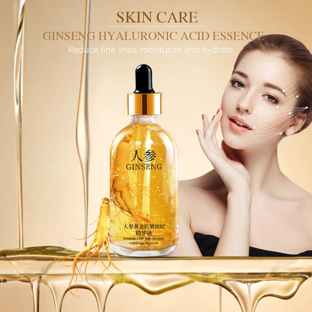 24K Gold Face Serum in a clear dropper bottle, featuring golden ginseng essence with suspended flakes