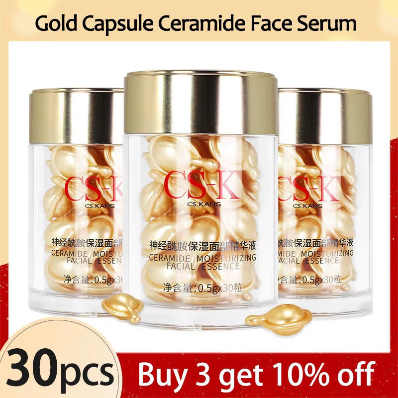 Ceramide Face Capsule Serum in clear bottles with gold capsules and metallic gold caps, 30-piece packs