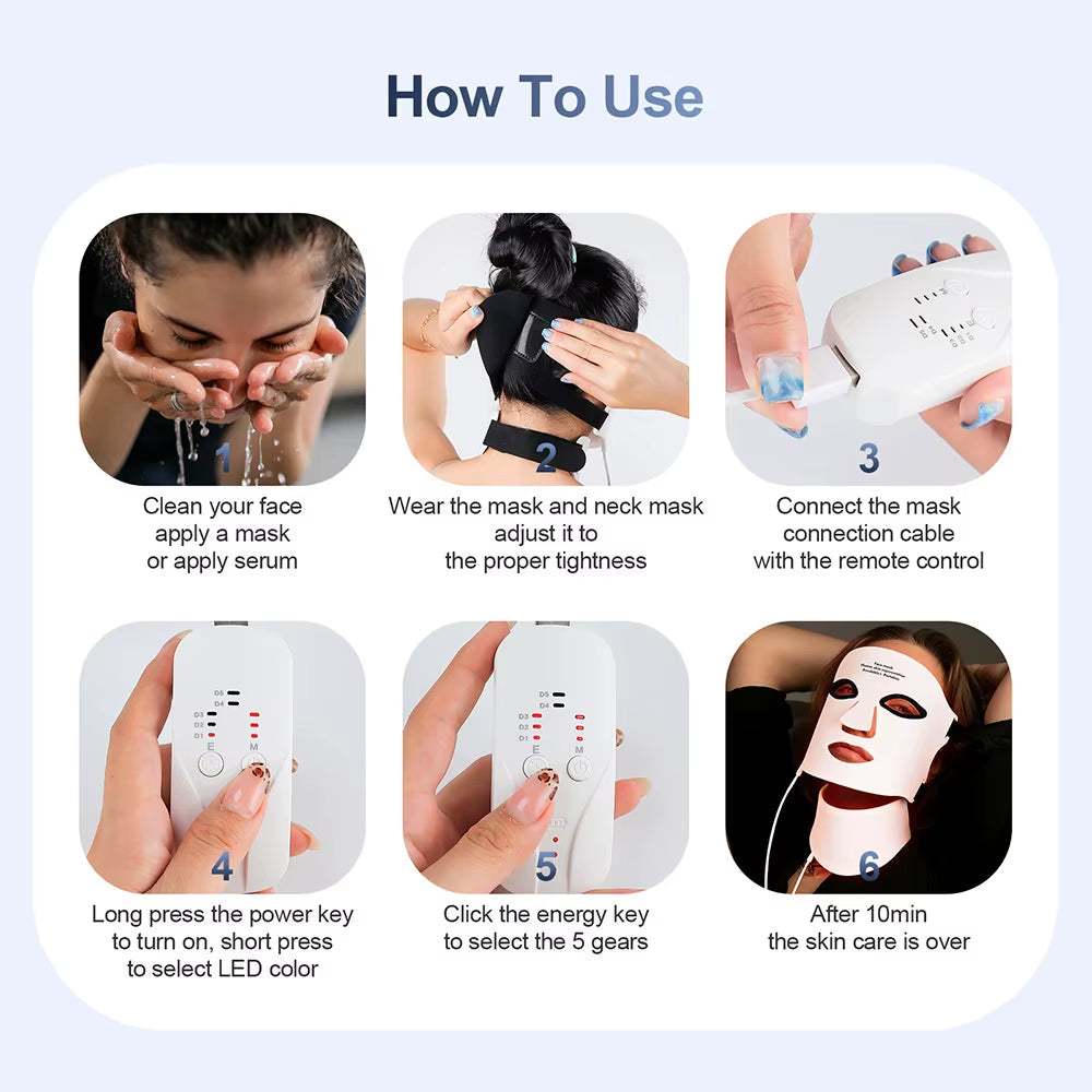 Silicone Red Light Therapy Mask shown in use with a white eye-cushion face mask and LED remote control