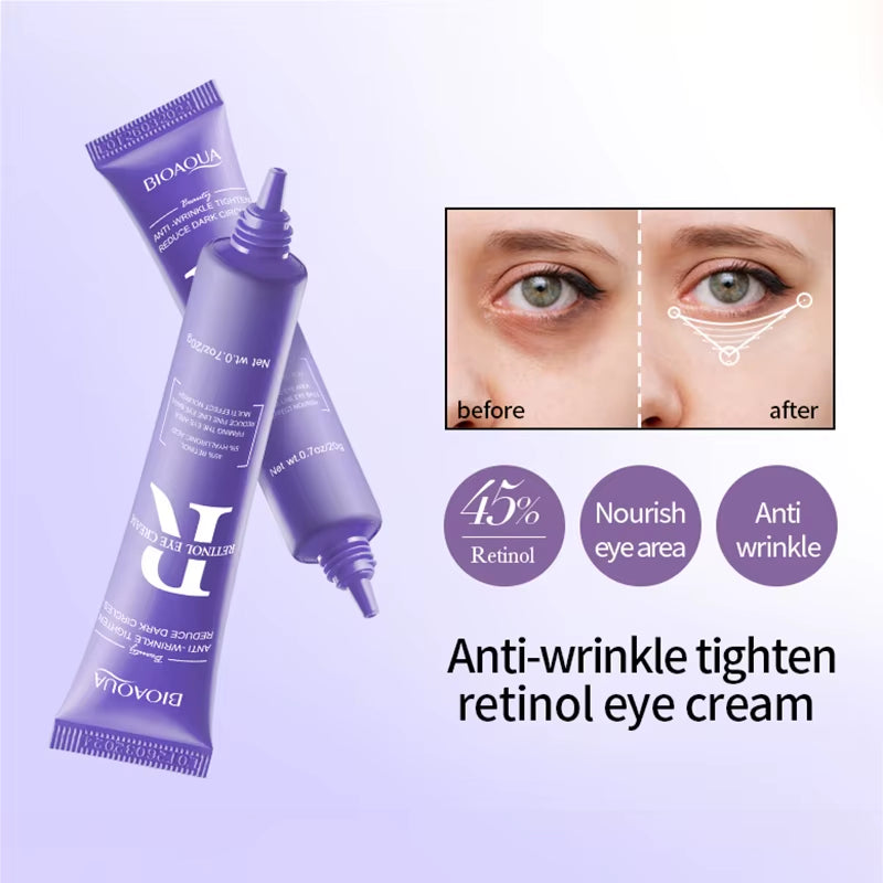 Retinol eye cream set in purple packaging, featuring BIOAQUA Retinol and an anti-wrinkle under-eye formula