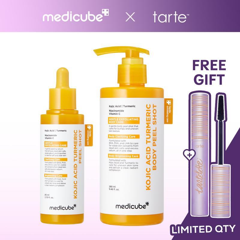 Kojic Acid Turmeric Peel Shot duo with yellow serum bottles, pump and dropper applicators, plus free mascara gift
