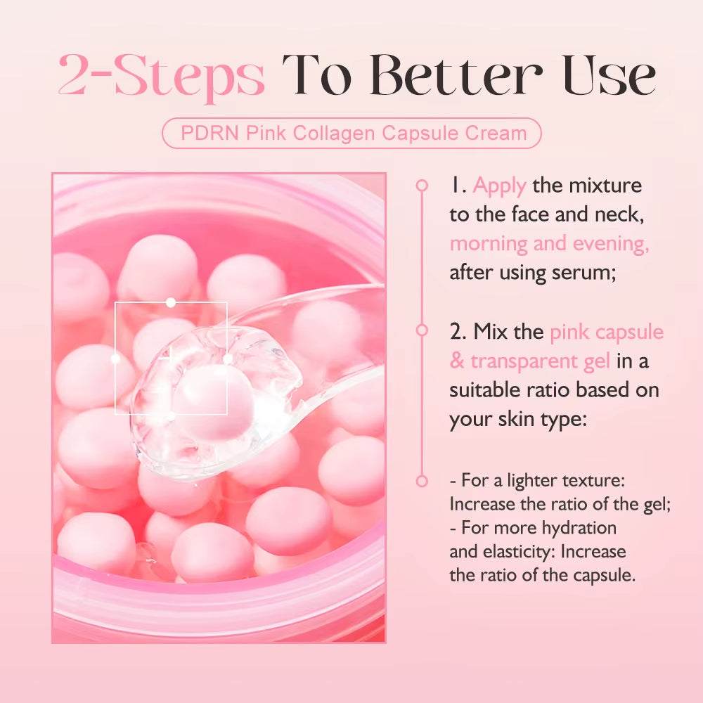 KOEC PDRN Pink Collagen Capsule Cream with pink capsules and clear gel, shown with usage instructions