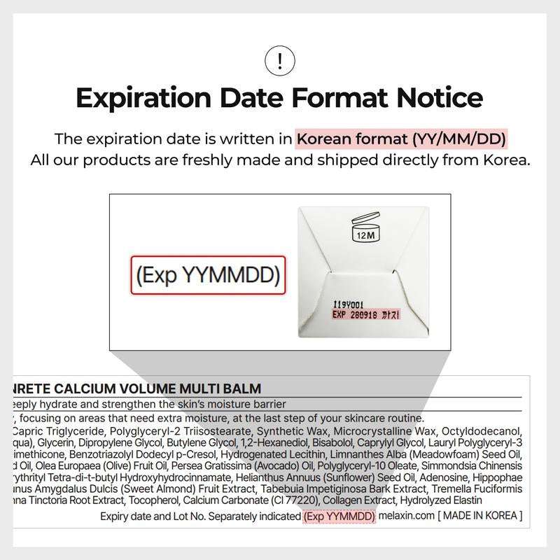 Calcium Multi Balm eye stick packaging with Korean expiration date notice and twist-up balm details in black text