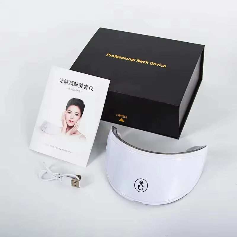 Seven Color Photon LED Mask, white curved neck device with USB charging cable, manual and black box packaging