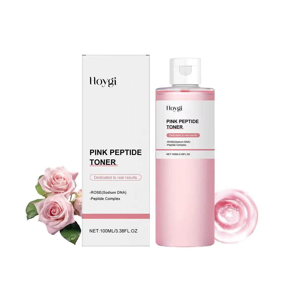 Rose Essence Toner pink peptide facial toner in a clear bottle with matching box and rose floral accents, 100ml