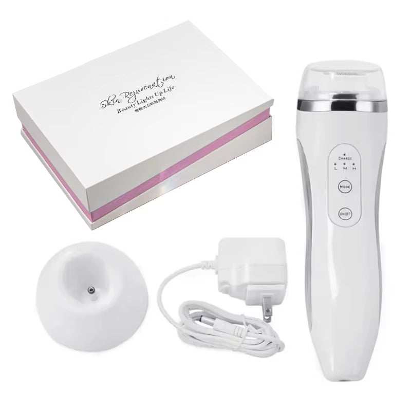 RF High-Frequency Facial Care Device in white with smooth plastic body, chrome accents, charger and round treatment head