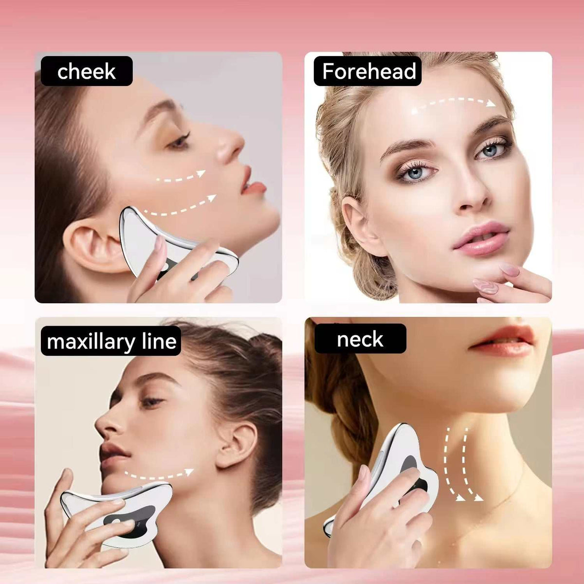 Electric Gua Sha Face Massager, white ergonomic plastic tool with silver trim for face, jawline and neck massage