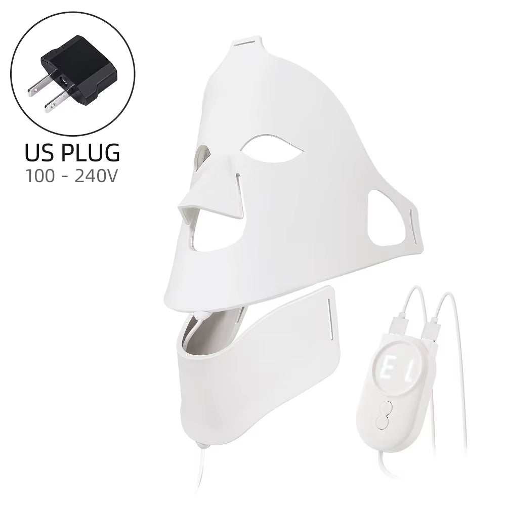 Silicone LED Facial Mask in white with a smooth flexible design, eye openings, neck cover, and wired controller