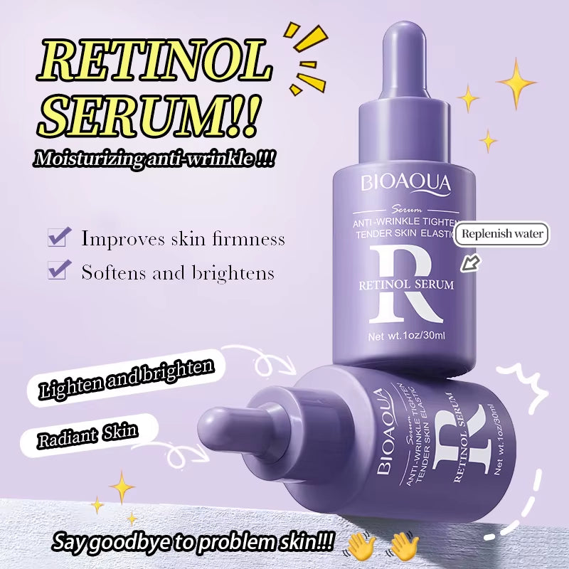 BIOAQUA Retinol serum in a purple dropper bottle, labeled moisturizing anti-wrinkle retinol serum for firmer skin