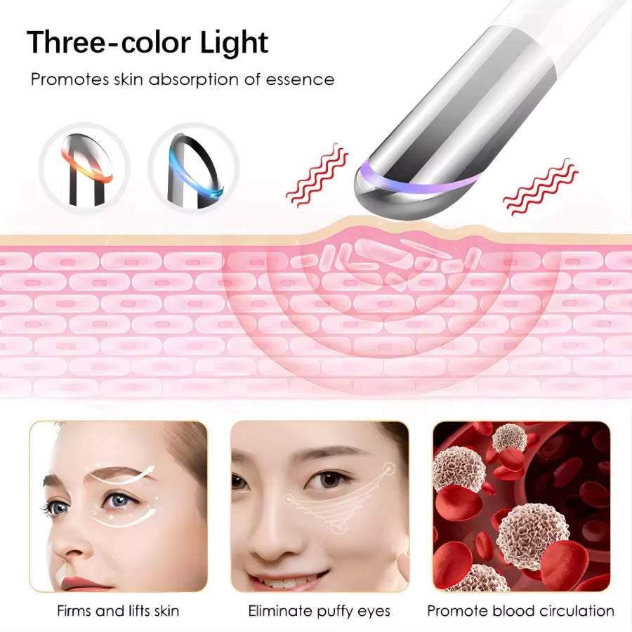 Eye Care Beauty Device, metallic light wand with three-colour LED therapy and vibrating massage head for under-eye care