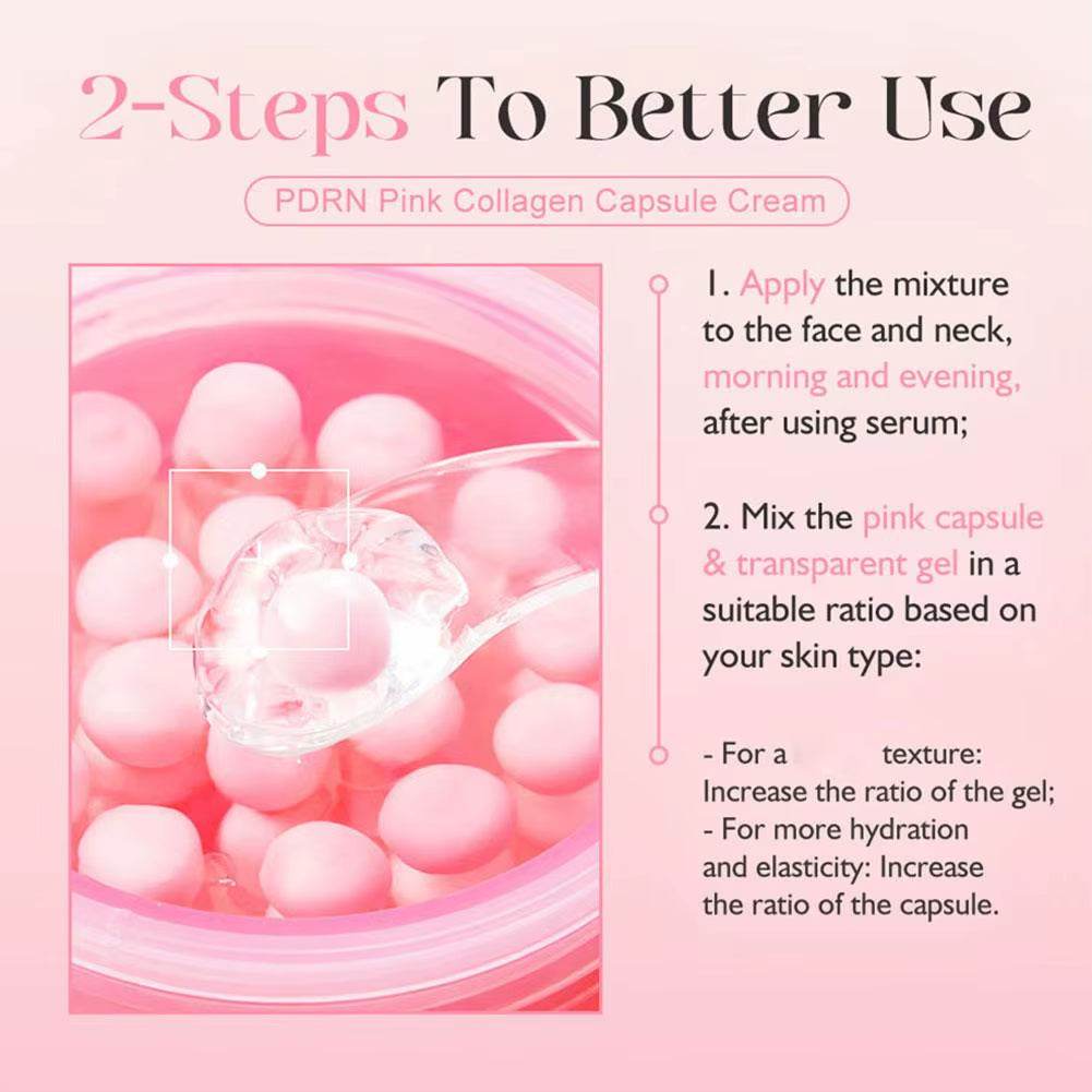 PDRN Pink Collagen Capsule Cream in a pink jar, showing pink capsules and clear gel texture with mixing guide