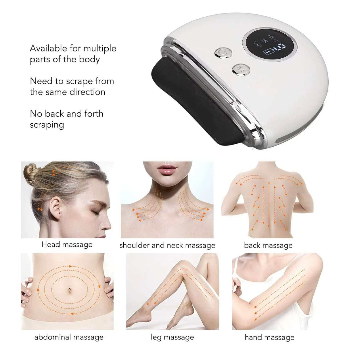LED Facial Massager in white with a chrome edge and black scraping head, featuring a rounded handheld design