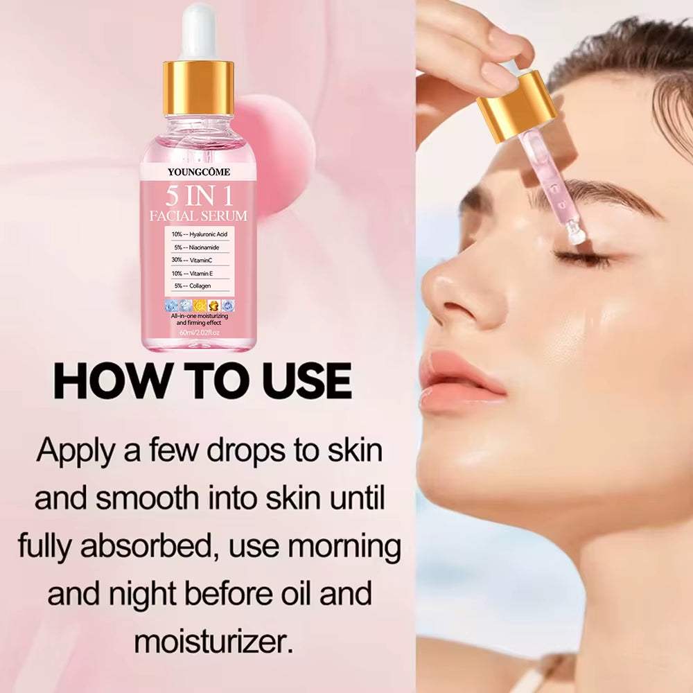 Vitamin C Hyaluronic Acid facial serum in a pink glass dropper bottle with a gold cap, 5-in-1 formula