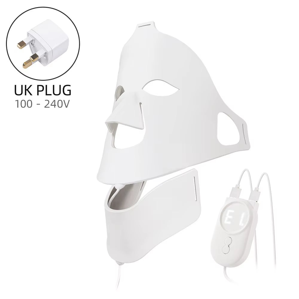Silicone LED Facial Mask in white with face and neck coverings, eye openings, and wired handheld controller