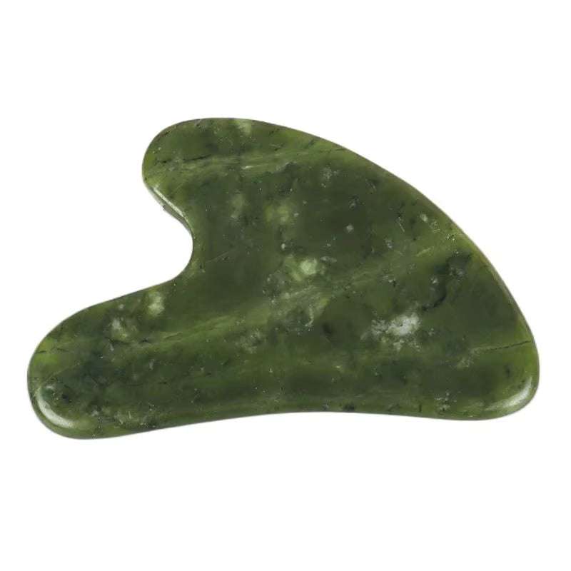 Jade Gua Sha Massager in dark green jade-inspired stone with marbled pattern and heart-shaped design