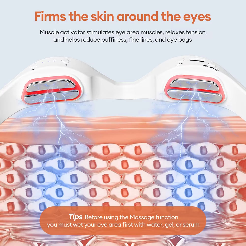 3D EMS Eye Massager with white plastic frame, red accents, dual eye pads and contoured 3D design