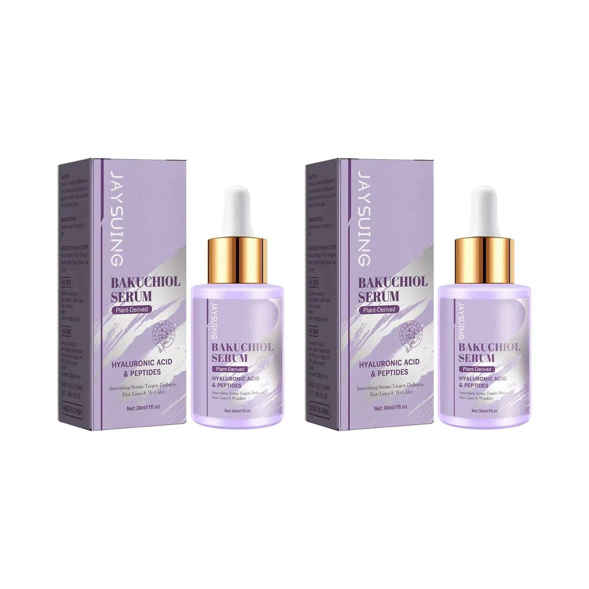 Bakuchiol Facial Rejuvenation Serum in lavender glass dropper bottles with gold caps and matching boxes, twin set
