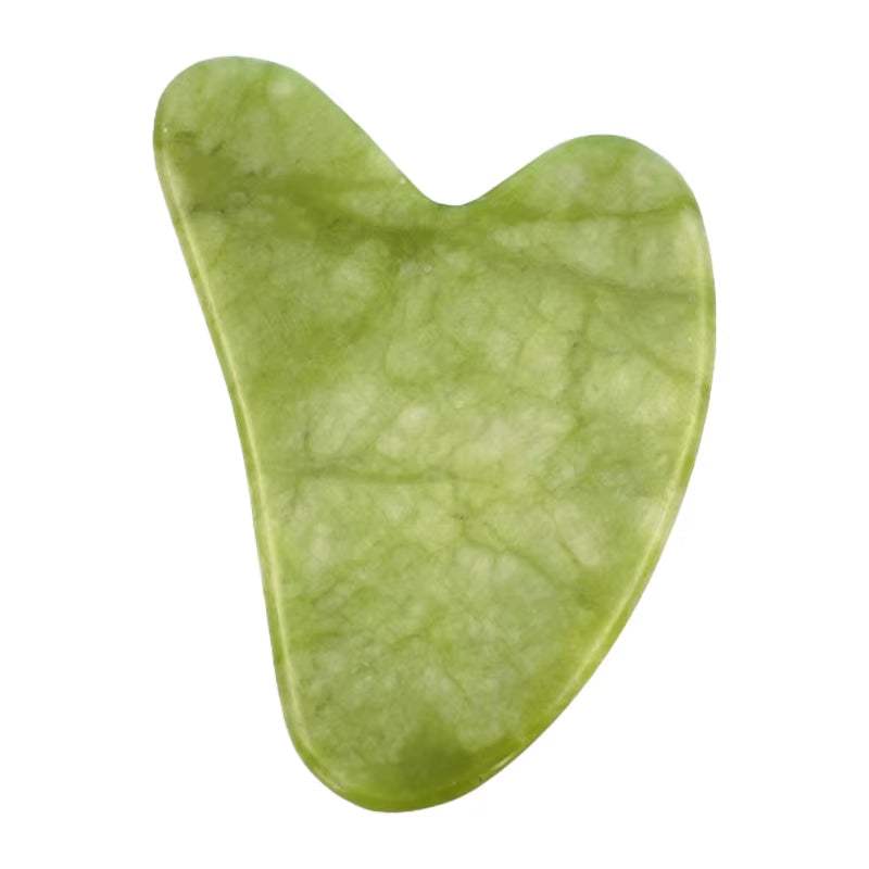 Gua Sha Jade Massager Roller in translucent green natural jade with marbled pattern and contoured edges