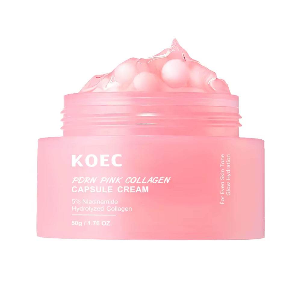 KOEC PDRN Pink Collagen Capsule Cream in a pink jar, with visible gel cream and capsule beads above the rim