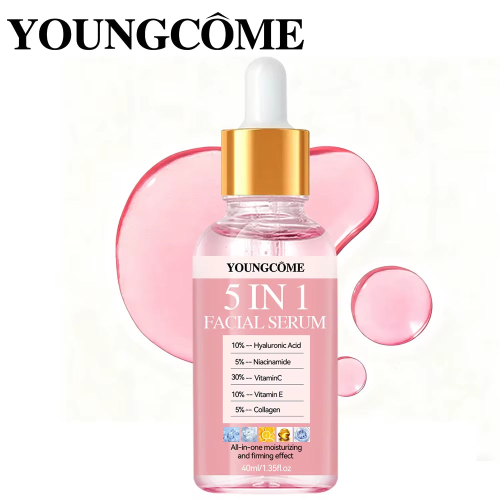 Vitamin C Hyaluronic Acid facial serum in a pink glass dropper bottle with gold cap and 5-in-1 formula label
