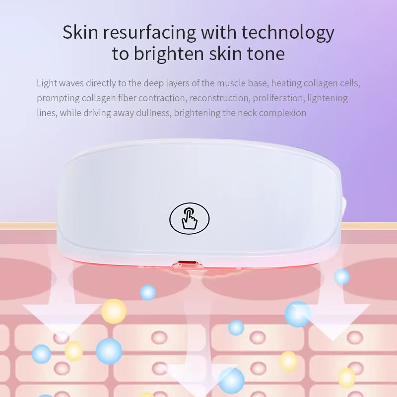 LED Neck Mask in white plastic with a smooth curved design, touch-control icon, and pink light band for skincare use