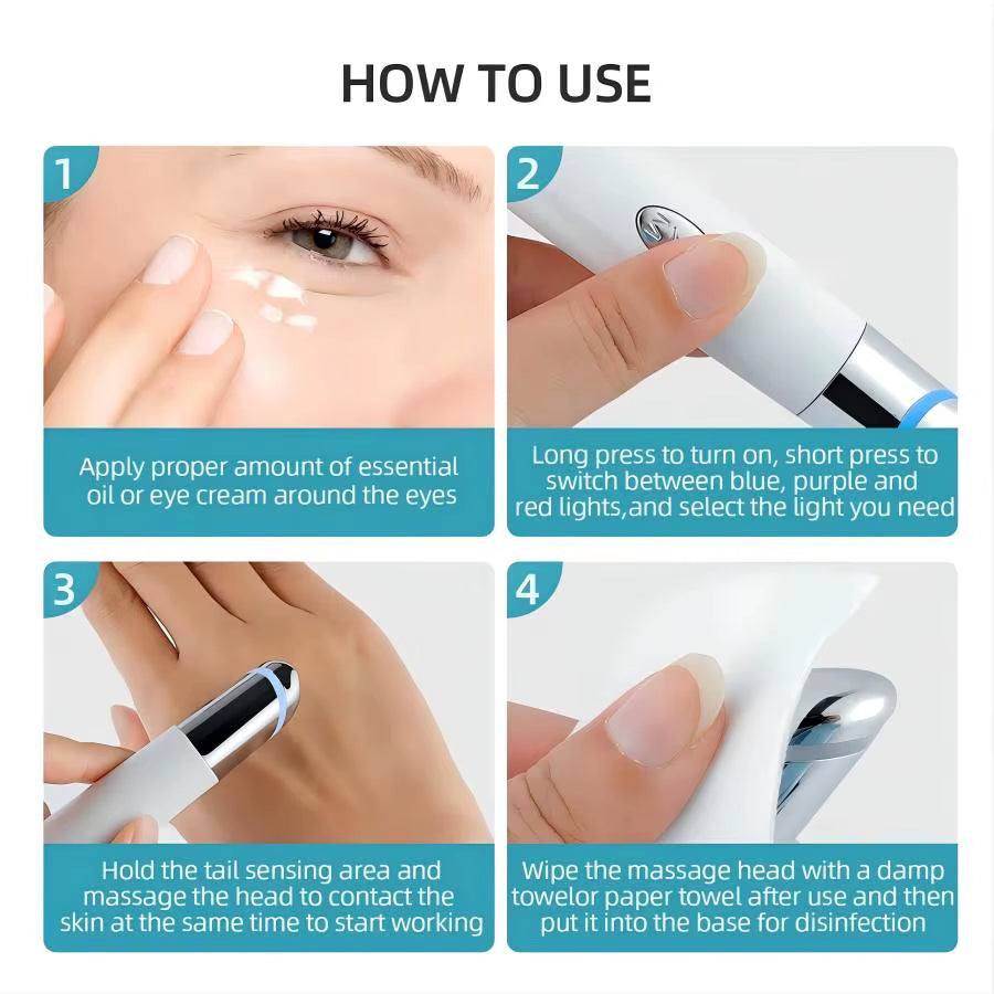 Eye Care Beauty Device, white and silver LED photon massage wand with compact rounded metal head.