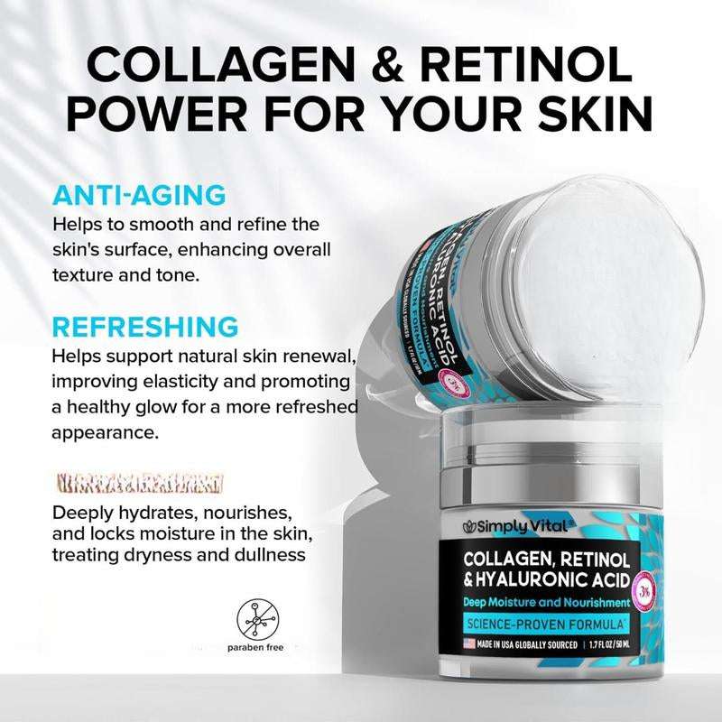 Anti-Aging Face Moisturizer cream in a clear jar with silver lid and turquoise collagen, retinol label