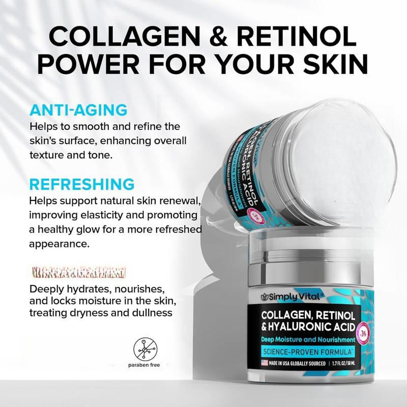 Simplyvital Collagen, Retinol & Hyaluronic Acid Cream - Anti-Aging Face Moisturizer for Face, Firming Skin Care Neck & Décolleté - Made in USA, Daily Moisturizer Face Cream Day & Night - 1.7 Fl.Oz.