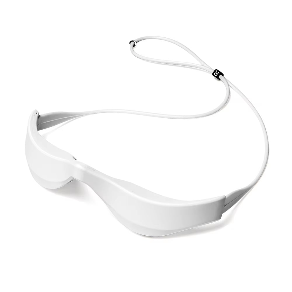 3D EMS Eye Massager in white plastic with a curved 3D fit, eye-covering design and adjustable neck cord