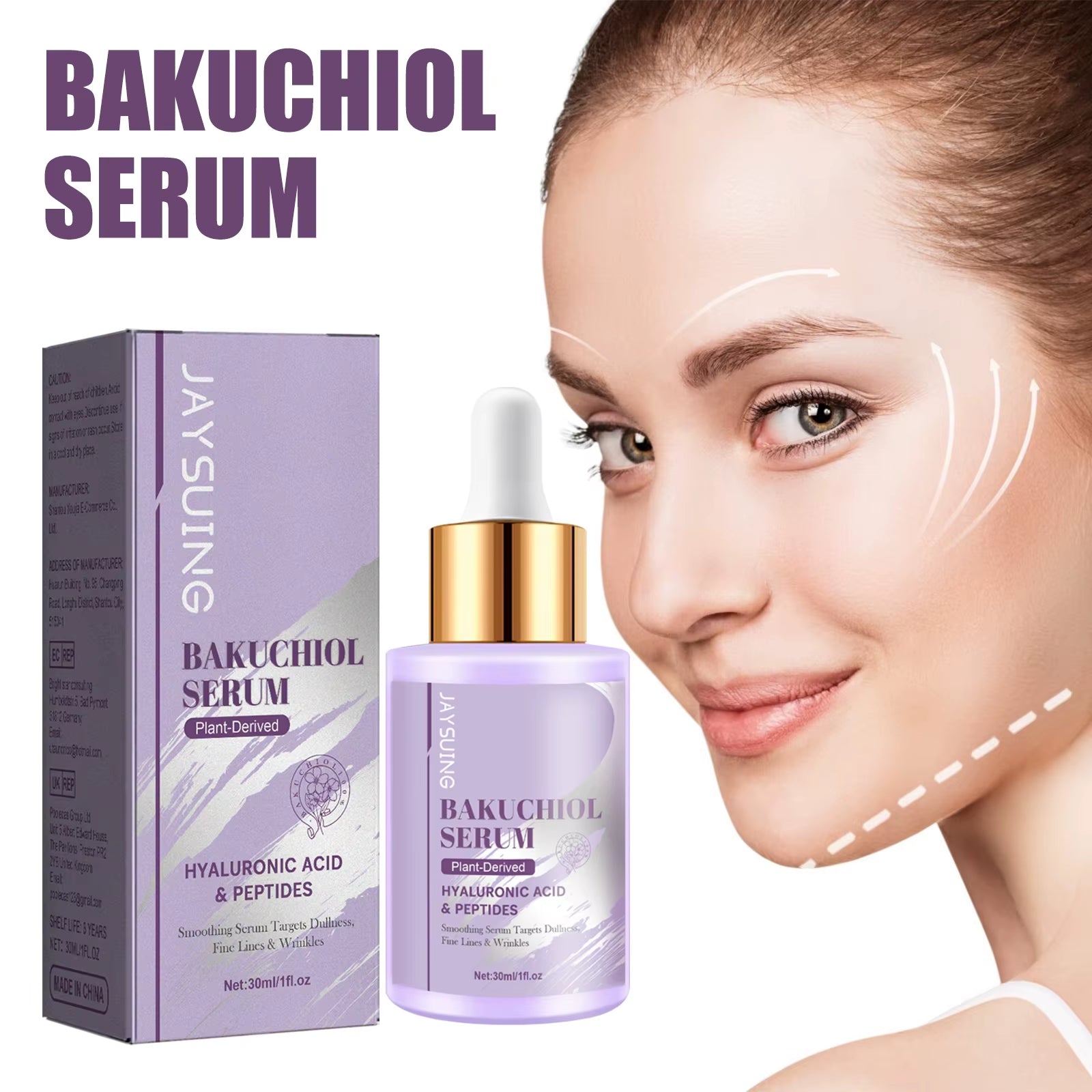 Bakuchiol Facial Rejuvenation Serum in a lavender glass dropper bottle with gold collar and matching box, 30ml skincare formula