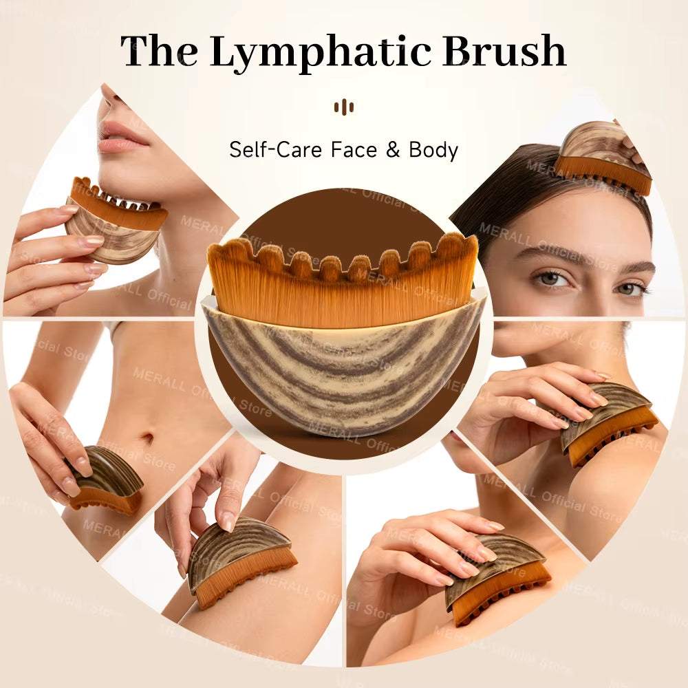 Lymphatic Contour Face Brush with curved wooden handle, dense brown bristles, and marbled sculpting grip