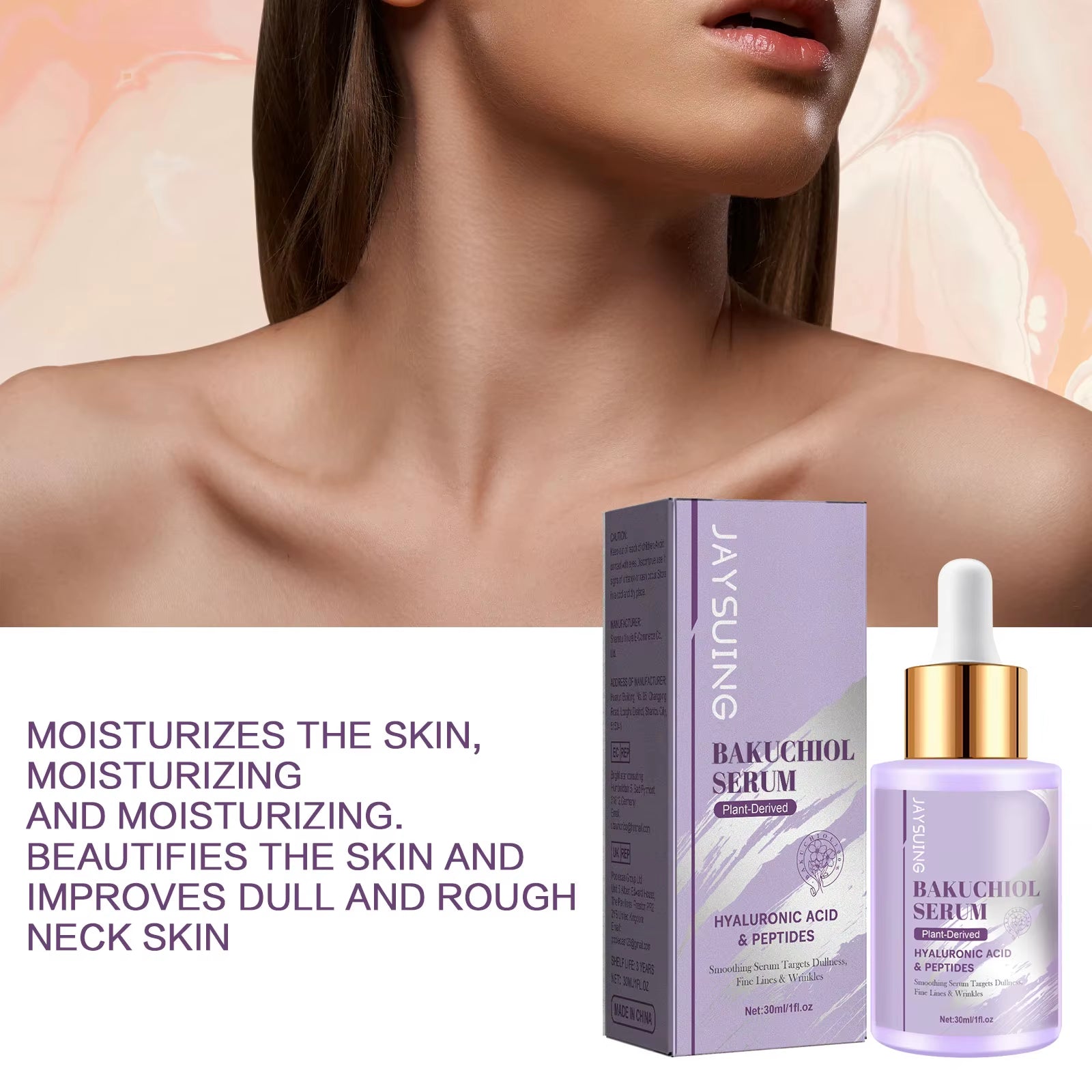Bakuchiol Facial Rejuvenation Serum in a purple glass dropper bottle with matching lavender box packaging