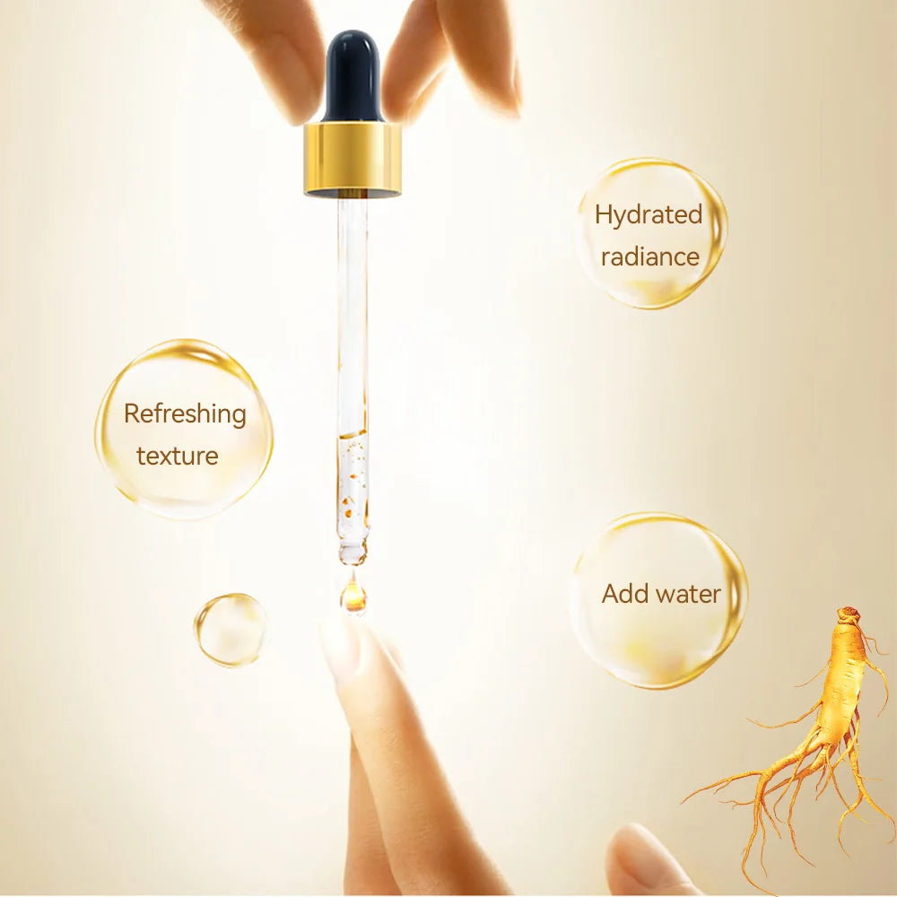 24K Gold Face Serum with a gold dropper, clear essence texture, and nourishing ginseng root illustration