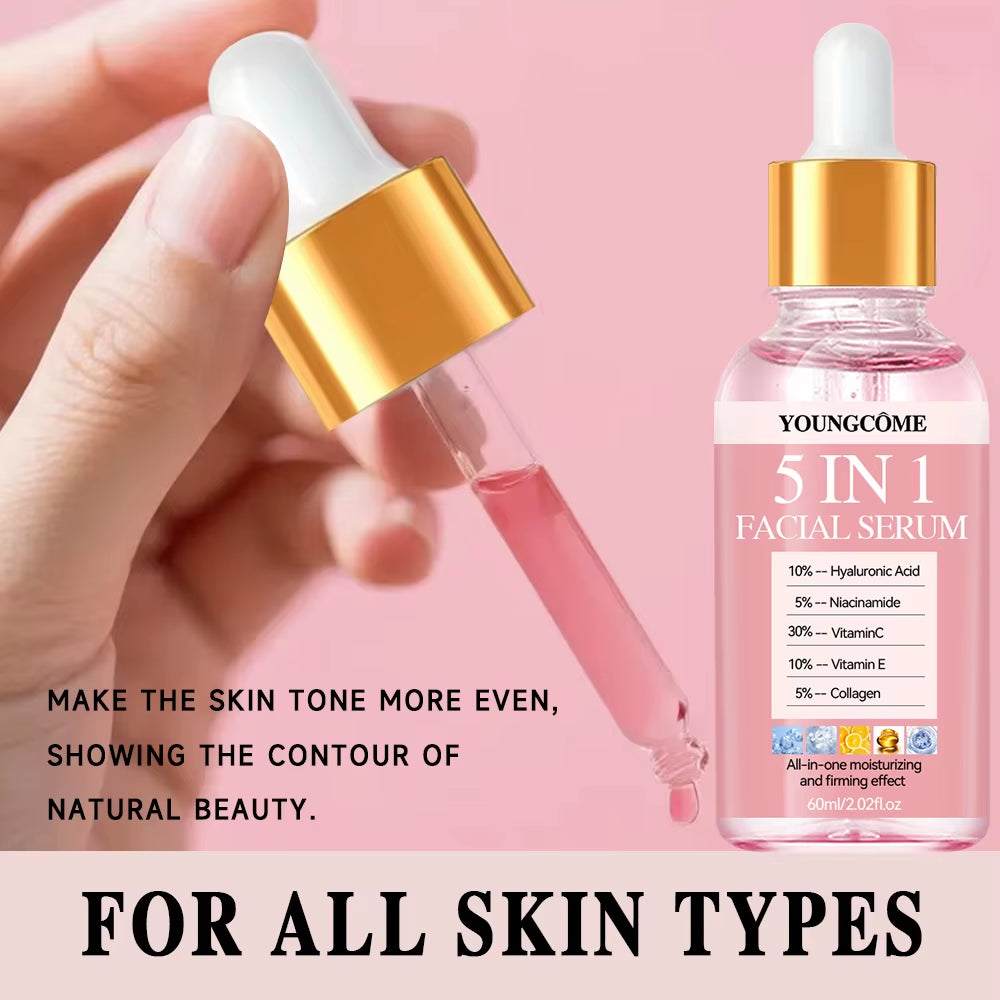 Vitamin C Hyaluronic Acid facial serum in a clear bottle with pink liquid and gold dropper, 5-in-1 formula