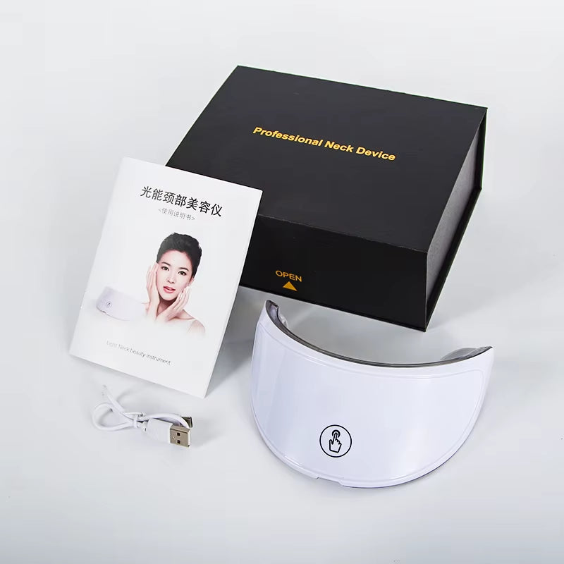 LED Neck Mask in white plastic with curved wearable design, USB cable, user manual and black storage box included