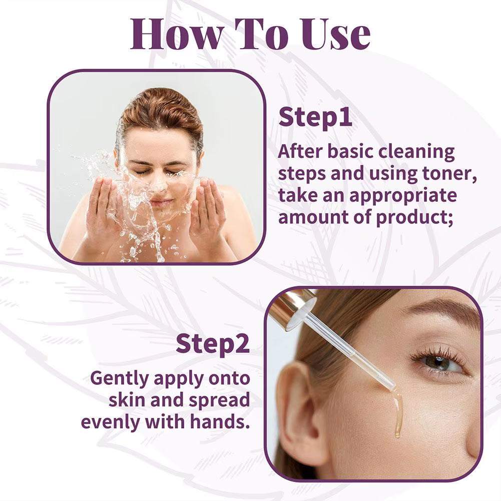 Bakuchiol Retinol Rejuvenation Serum application guide showing cleansing, toner use, and gentle facial application with dropper