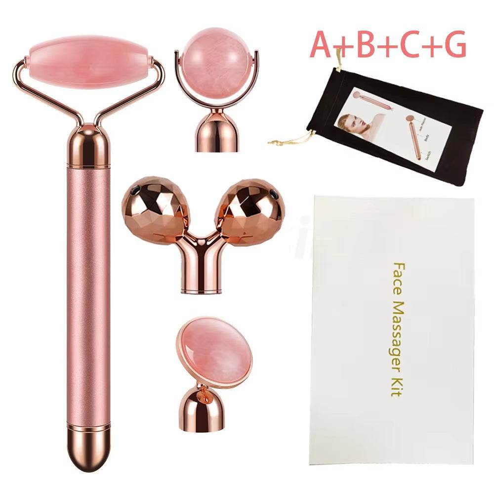 Electric Vibrating Facial Roller set in rose-gold metal with pink jade rollers and multi-head massage attachments