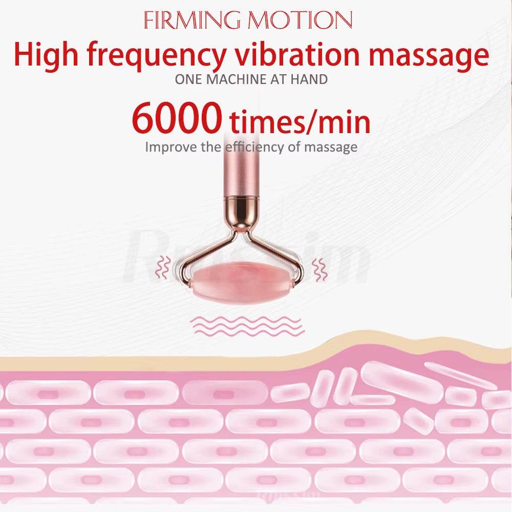 Electric Vibrating Facial Roller in rose-toned metal with a smooth oval massage head and vibrating handle