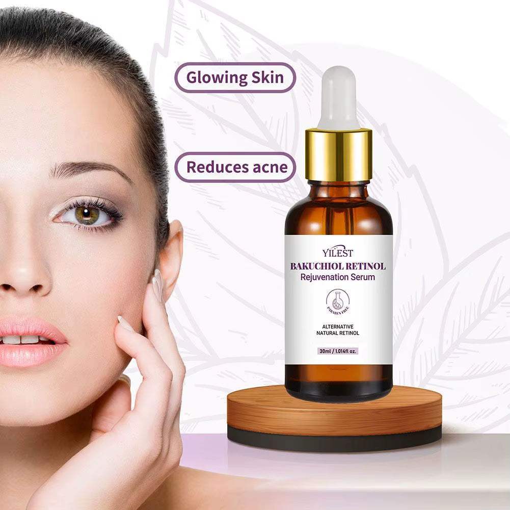 Bakuchiol Retinol Rejuvenation Serum in a dark amber glass dropper bottle with gold cap and white label