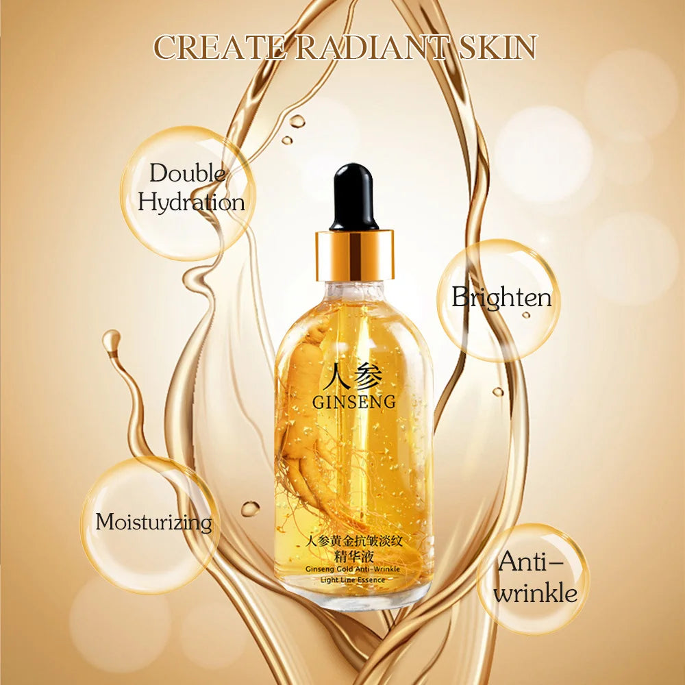 24K Gold Face Serum in a clear bottle with golden ginseng-infused essence and a black dropper cap