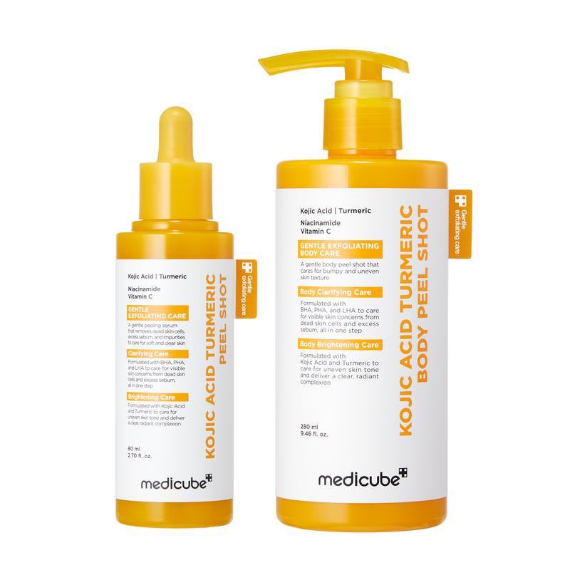 Kojic Acid Turmeric Peel Shot serum duo in white and yellow bottles, with dropper and pump dispensers