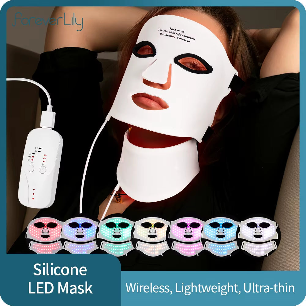 Silicone Red Light Therapy Mask in white with eye cutouts, nose contour, chin guard and wired LED controller