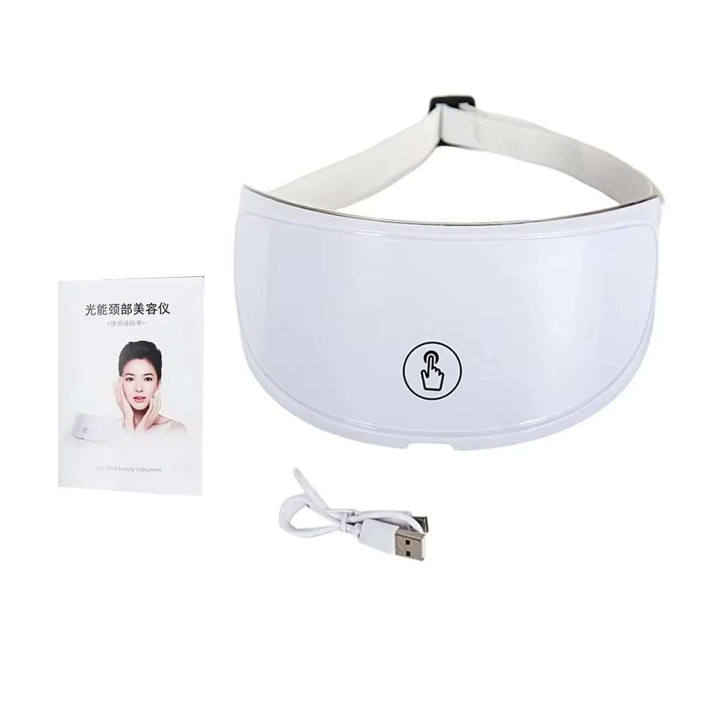 Seven Color Photon LED Mask, white neck-worn design with adjustable strap, USB cable and instruction booklet included
