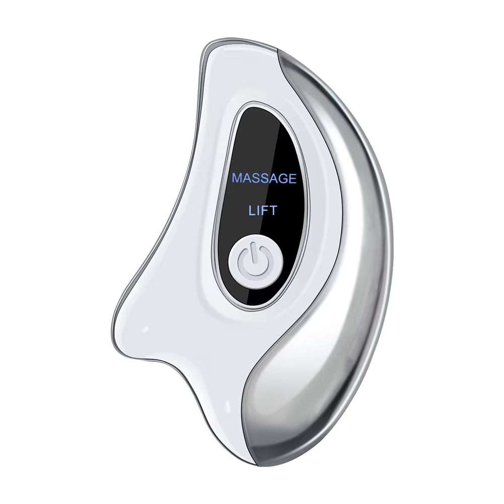 Electric Gua Sha facial massager in white ABS with a sculpted contour, massage and lift modes, and power button