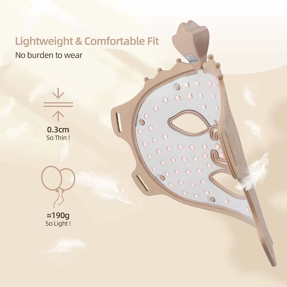 LED Silicone Facial Mask in beige silicone with pink LED lights, eye openings, and lightweight flexible design