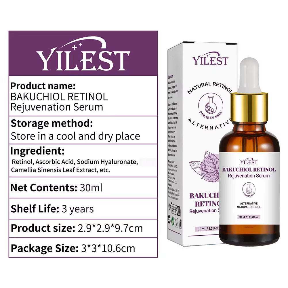 Bakuchiol Retinol Rejuvenation Serum in an amber glass dropper bottle with gold collar and boxed packaging