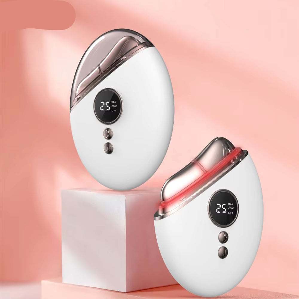 2025 New 5-Speed Gua Sha handheld beauty device in white with metallic rose-gold trim and heated red-light edge